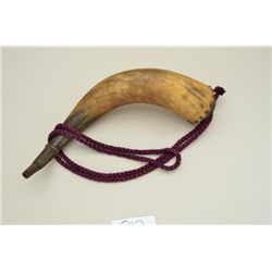 American style powder horn of massive size  with carved and brass tact decoration  retaining old vel