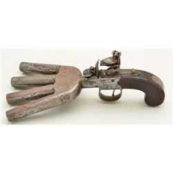 4 Shot, Center Hammer Flintlock “duck foot”  pistol signed “Archer, London”.  The barrel  group is c