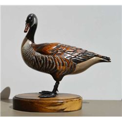 Art carving of duck nicely painted with  bronze feet, glass eyes, signed on base “Tom  Tab” measures