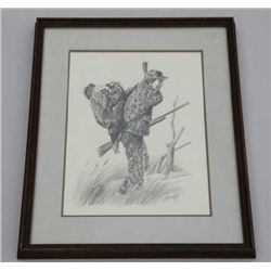 Pencil drawing of happy hunter with turkey on  back signed lower right Larry Toschik 1980  probably 