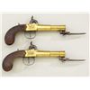 Image 1 : Pair of English center hammer brass  blunderbuss pistols with snap bayonets and  nicely checkered wo