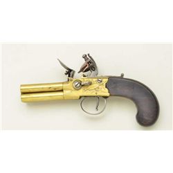 4 barrel tap-action Flintlock pistol with  brass body signed”Oakes, London”.  The pistol  measures 8