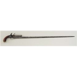 Queen Anne style Flintlock sword/pistol with  silver mounts and Latin inscriptions on  blade.  The p