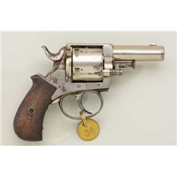 Belgian DA revolver, .44 cal., 2-1/2” barrel,  nickel finish, checkered wood grips, top  strap engra