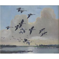 Oil painting on canvas signed Peter Scott  1951 lower right and entitled on reverse  “Gathering of t