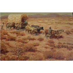 Original oil on canvas signed lower right  “Harvey Johnson” 18 x 24 showing pioneers  headed west in
