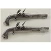 Pair of Scottish style Flintlocks pistols  with rams horn shaped butts signed "MAC LEOD"  with engra