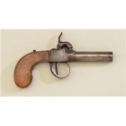 Belgian proofed single shot percussion  pistol, .45 cal., 2-3/4” barrel, wood grips.  This gun is in
