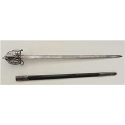 19th century Scottish basket hilt military  style sabre with scabbard. Blade shows etched  decoratio