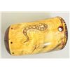 Horn drinking cup with carved decorations and  wooden bottom made similar to an American  powder hor