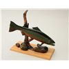 Hand carved figural display featuring wood  brook trout numbered 507 and signed on base  by “John Ze