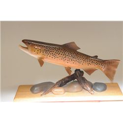 Hand carved figural display of brown trout  beautifully painted and nicely detailed  signed “John Ze