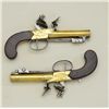 Image 10 : Cased pair of center hammer Flintlock pistols  with spring bayonets and constructed of  brass in ori