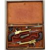 Image 3 : Cased pair of center hammer Flintlock pistols  with spring bayonets and constructed of  brass in ori
