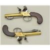 Image 7 : Cased pair of center hammer Flintlock pistols  with spring bayonets and constructed of  brass in ori