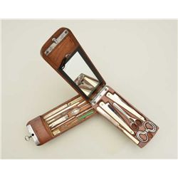 Mans traveling vanity and shaving set in its  original hardwood case with mirror in lid and  chamois