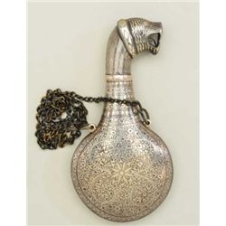 Ornate mid eastern powder flask probably from  India showing figural head of tiger on top  with silv