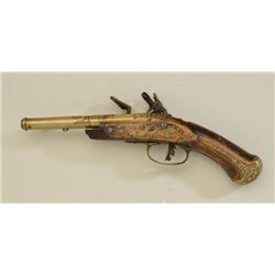 Early Italian style flintlock pocket size  pistol with unusual brass lock, barrel and  mounts, circa