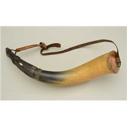 19th century American style powder horn of  large proportions with well carved neck  inlaid with pea
