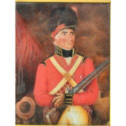 Late 18th to early 19th century painting of  British soldier with musket in old period  frame measur