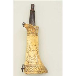 Carved bone Wheelock era powder flask showing  scene of king playing harp and small fawn  surrounded