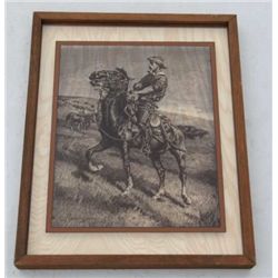 Lot of 3 wood framed etchings on glass of  Frederic Remington paintings, one of a  Cavalry soldier o
