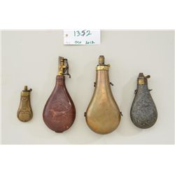 Lot of four antique flasks described as  follows; (1) small pistol flask with embossed  body approx 