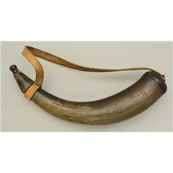 19th century American powder horn with turned  top and original leather strap, circa about  1830-186