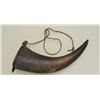 Image 1 : 18th to 19th century powder horn of large  size measuring 14” across curve, wood plug in  butt measu