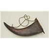 Image 2 : 18th to 19th century powder horn of large  size measuring 14” across curve, wood plug in  butt measu