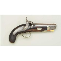 Derringer style percussion single shot pistol  with late percussion era back action lock,  signed C.