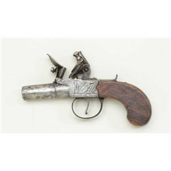 English center hammer Flintlock pocket size  pistol signed “Hill, London”.  The pistol  measures 6-1
