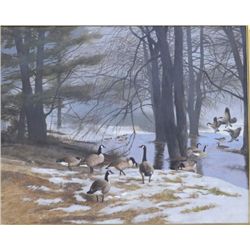 Original oil painting on board showing  waterfowl signed T. Beecham (1926-2000) lower  right. Approx