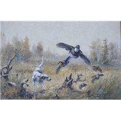 Finely executed oil on canvas by Doug Van  Howd showing dog flushing birds signed lower  right. The 