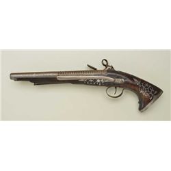 Spanish miquelet flintlock pistol in Ripol  style with fish tail butt and pierce steel  inlays circa