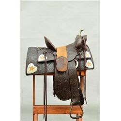 Western high back saddle marked Charles P.  Shipley, Maker, Kansas City, MO. #290 with  fancy toolin