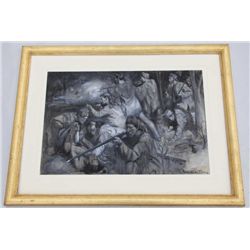 Gouache in black and white of frontiersmen in  fierce battle with Indians signed Albert De  Ford Pit