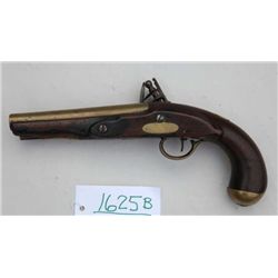 Flintlock single shot pistol, .50 cal.,  period shortened to 6-1/4” brass barrel, wood  stock, brass