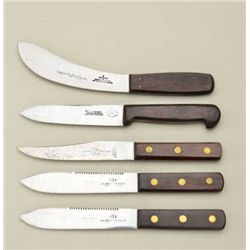Lot of 5 Green River style later manufactured  skinning knives with wood grips, 4 are three  pins se