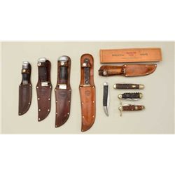 Lot of 9 misc. Remington knives including a  sheathed Remington-UMC  5” with stacked  leather grip, 