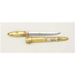 Japanese Tanto with 19th century or earlier  forged and tempered blade, brass grip and  scabbard ove