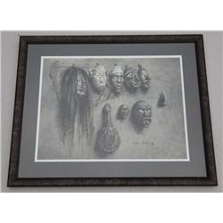 Gouache in black and white of Indian  ceremonial masks and tortoise shell rattle  signed lower right