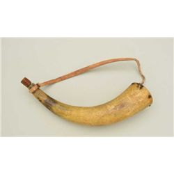 19th century American style powder flask with  painted floral decoration, old plug and raw  hide cor