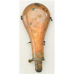 Mid 19th century shotgun flask marked  improved Sheffield on top, plain body with  four iron rings f