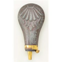 Small pistol flask with pewter body, shell  design measures approx 4-1/4" from tip to  end.  Good co