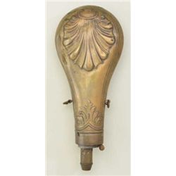 Mid 19th century embossed powder flask for  shotgun showing leaf and shell design, no  makers marks,