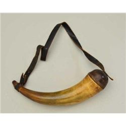 American 19th century powder horn with carved  initials “MB” in script with leather strap,  plug and