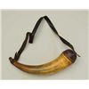 Image 1 : American 19th century powder horn with carved  initials “MB” in script with leather strap,  plug and