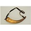 Image 2 : American 19th century powder horn with carved  initials “MB” in script with leather strap,  plug and