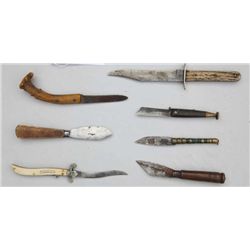 Lot of 6 misc. antique, well-used patch  cutting knives and a well-worn Dickinson,  Sheffield clip p